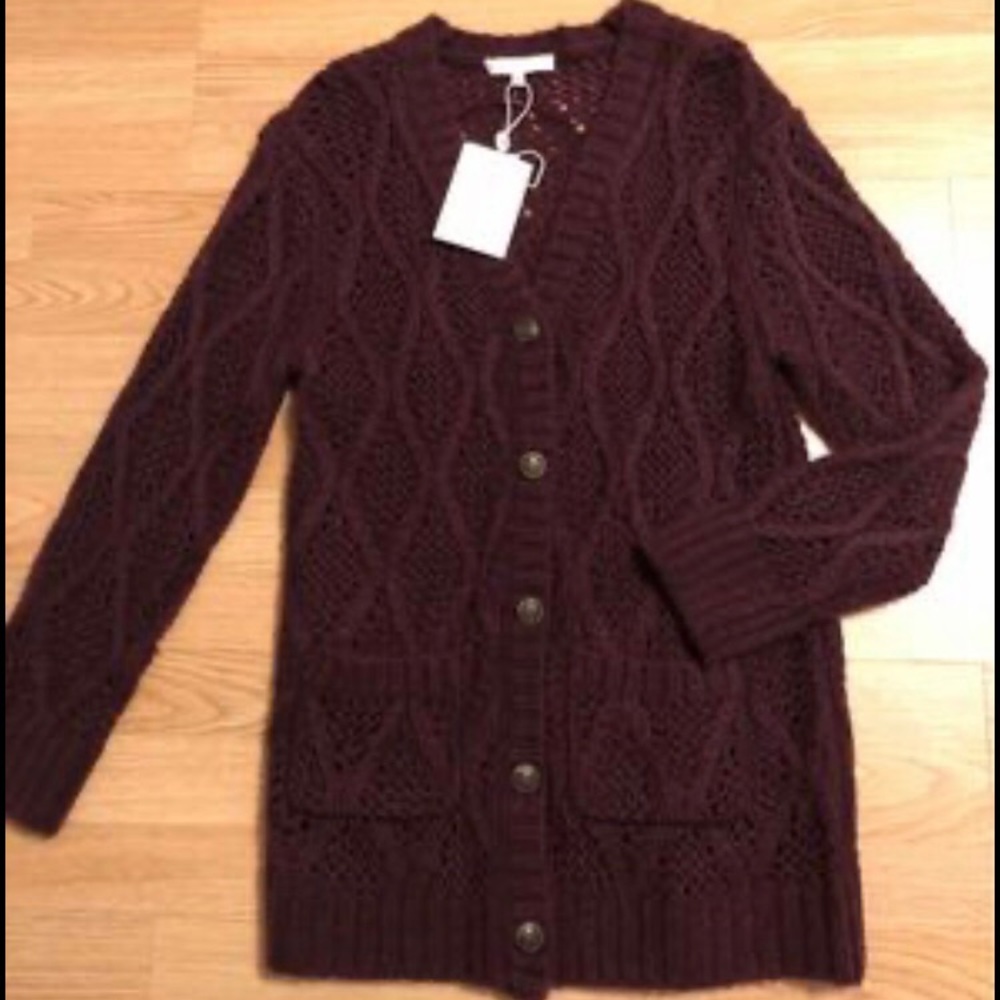 Wayf Cable Knit Button Front Cardigan - Deep Burgundy